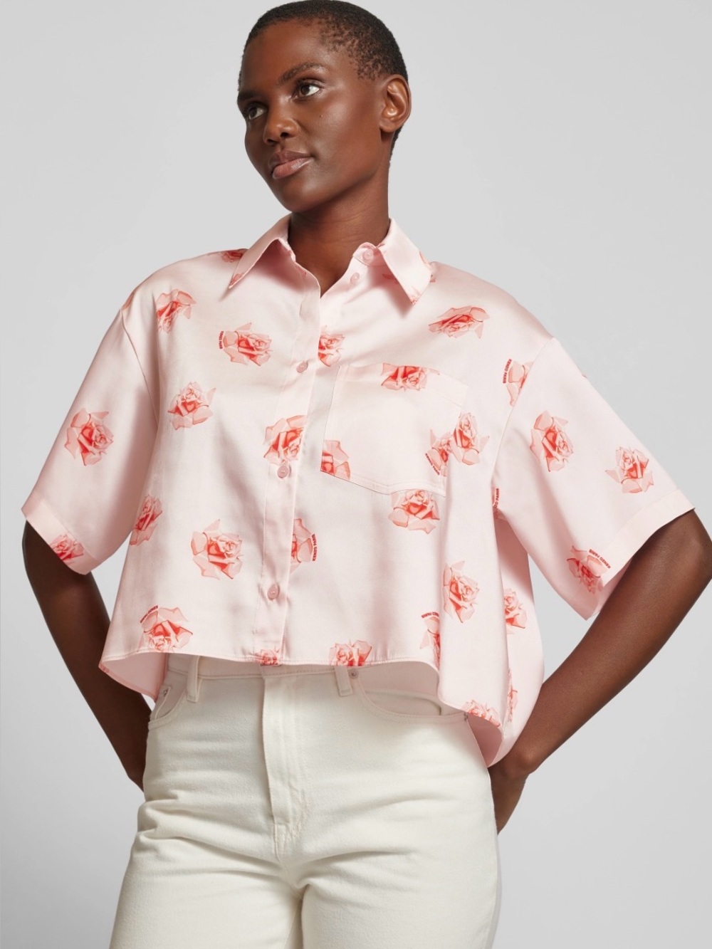 Kenzo Pink Rose-Print Cropped Button-Down Shirt